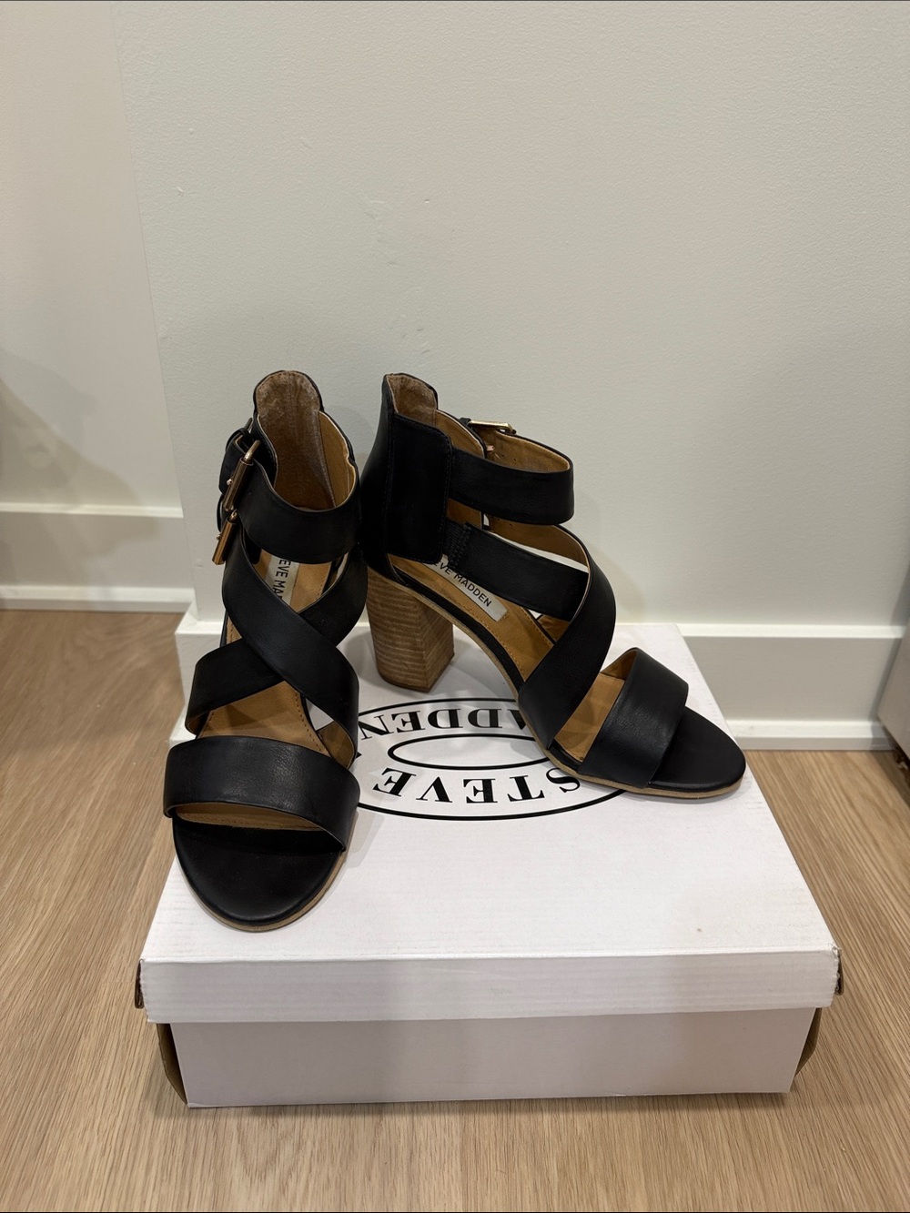 Steve Madden Black Leather Strappy Block Heel Sandals with Wood-Tone Heel
